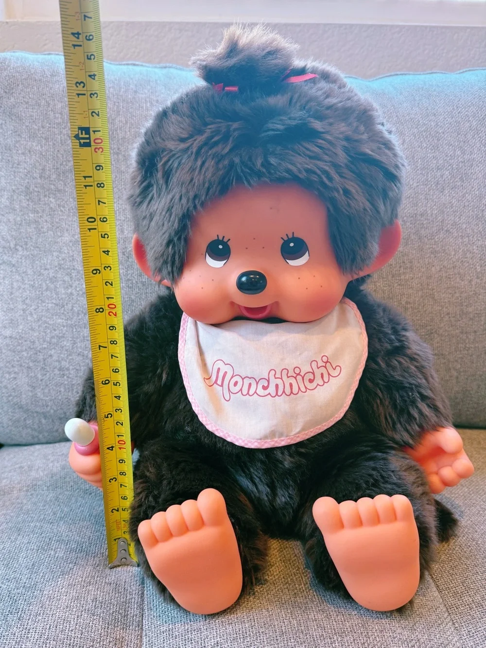Large vintage Monchhichi girl doll in sitting position